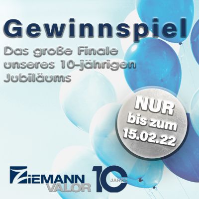 Banner mit dem Text „Gewinnspiel – Das große Finale unseres 10-jährigen Jubiläums – Nur bis zum 15.02.22“, mit Ballongrafik im Hintergrund.