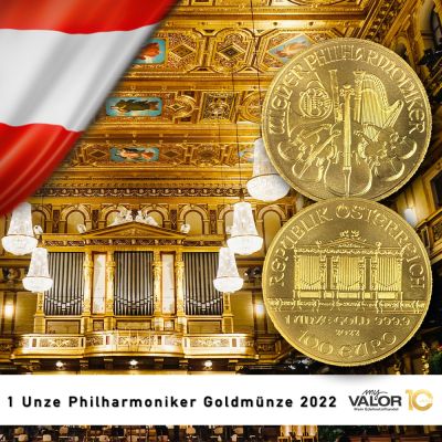 Zwei Münzen mit der Aufschrift „Wiener Philharmoniker“. Im Hintergrund ist ein Konzertsaal mit Orgel sichtbar.